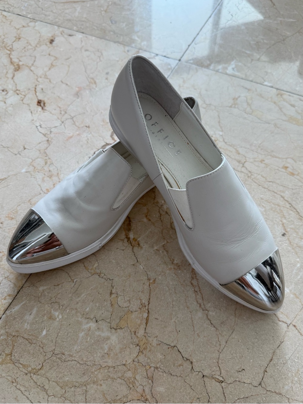 Office White Slip-On Flats with Silver Cap Toe